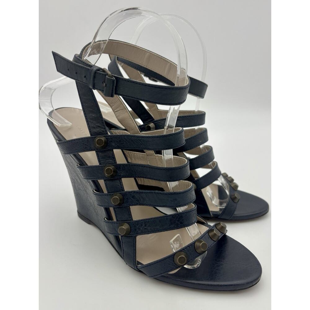 Balenciaga Wedge Sandals Navy Blue Leather Studded Size 39 / 9 Ankle Strap